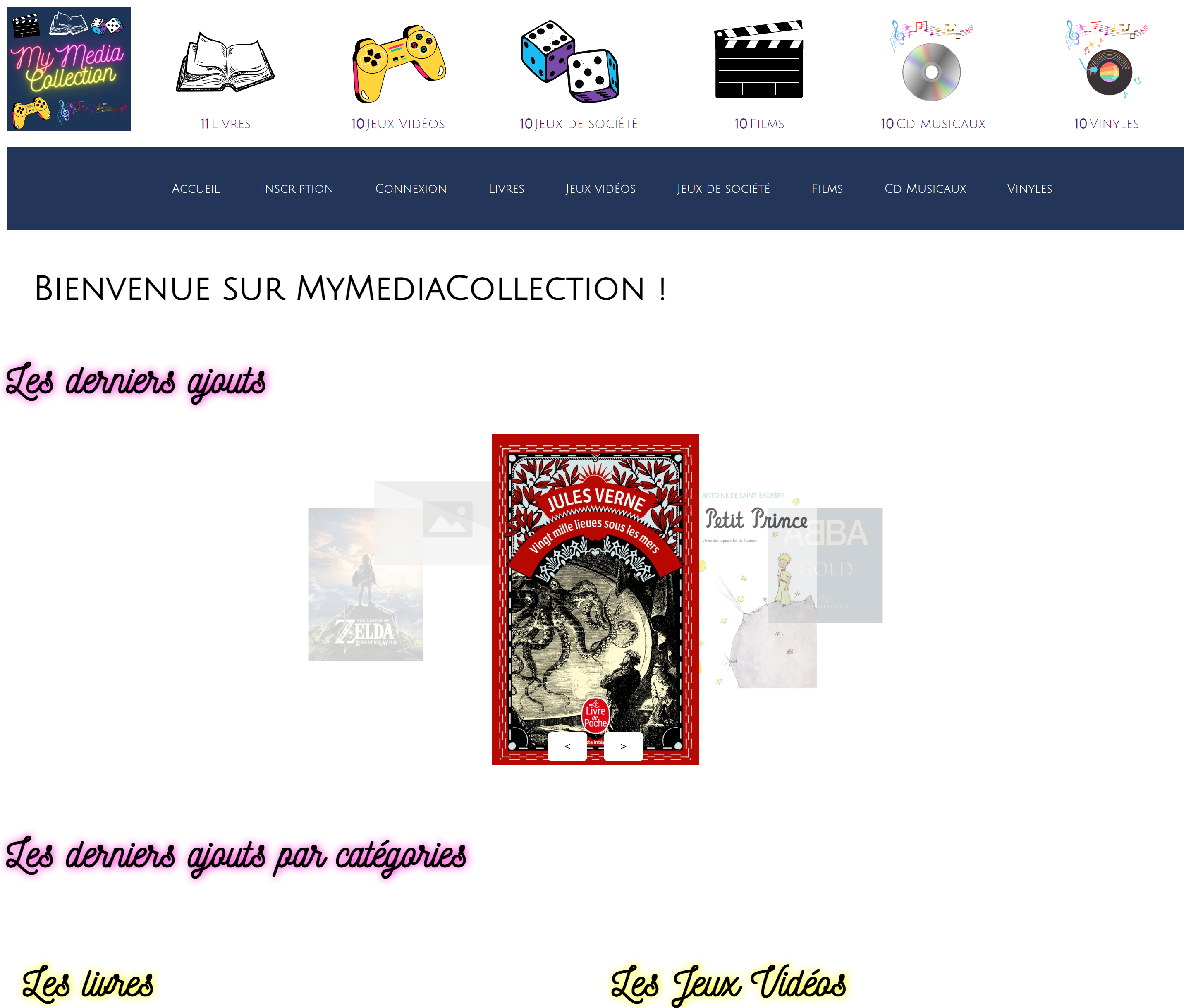 Screenshot de la homepage de MyMediaCollection