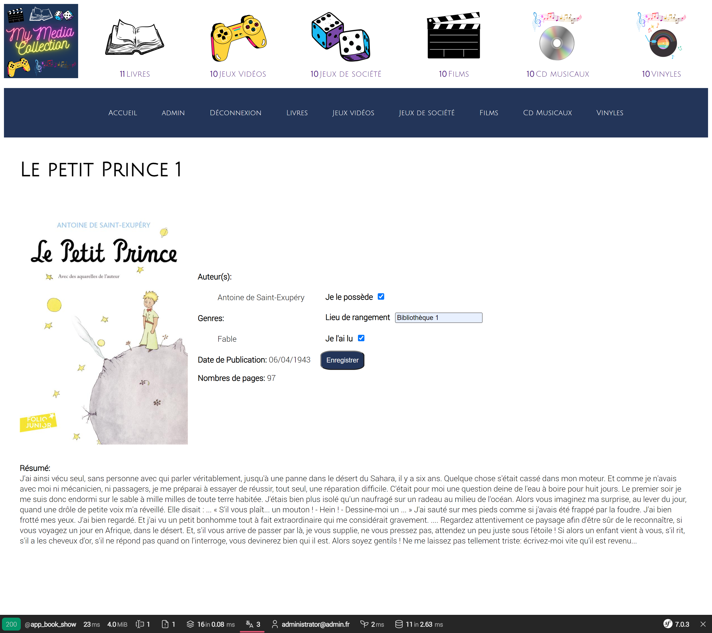 Screenshot de la page des livres de MyMediaCollection 